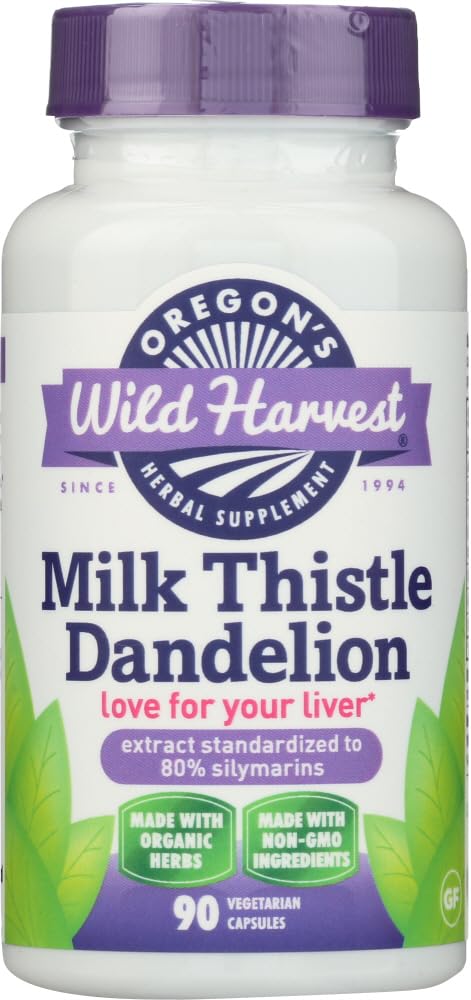 Oregon's Wild Harvest Milk Thistle Dandelion - Extract Standardized to 80% Silymarins (90 Capsules)
