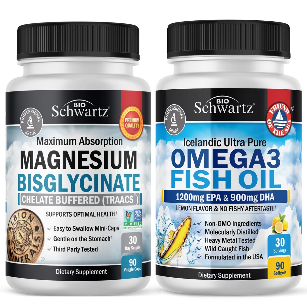 Bisglycinate de magnésium 180 Nombre + Oméga 3 Huile de poisson 90 Nombre de lots