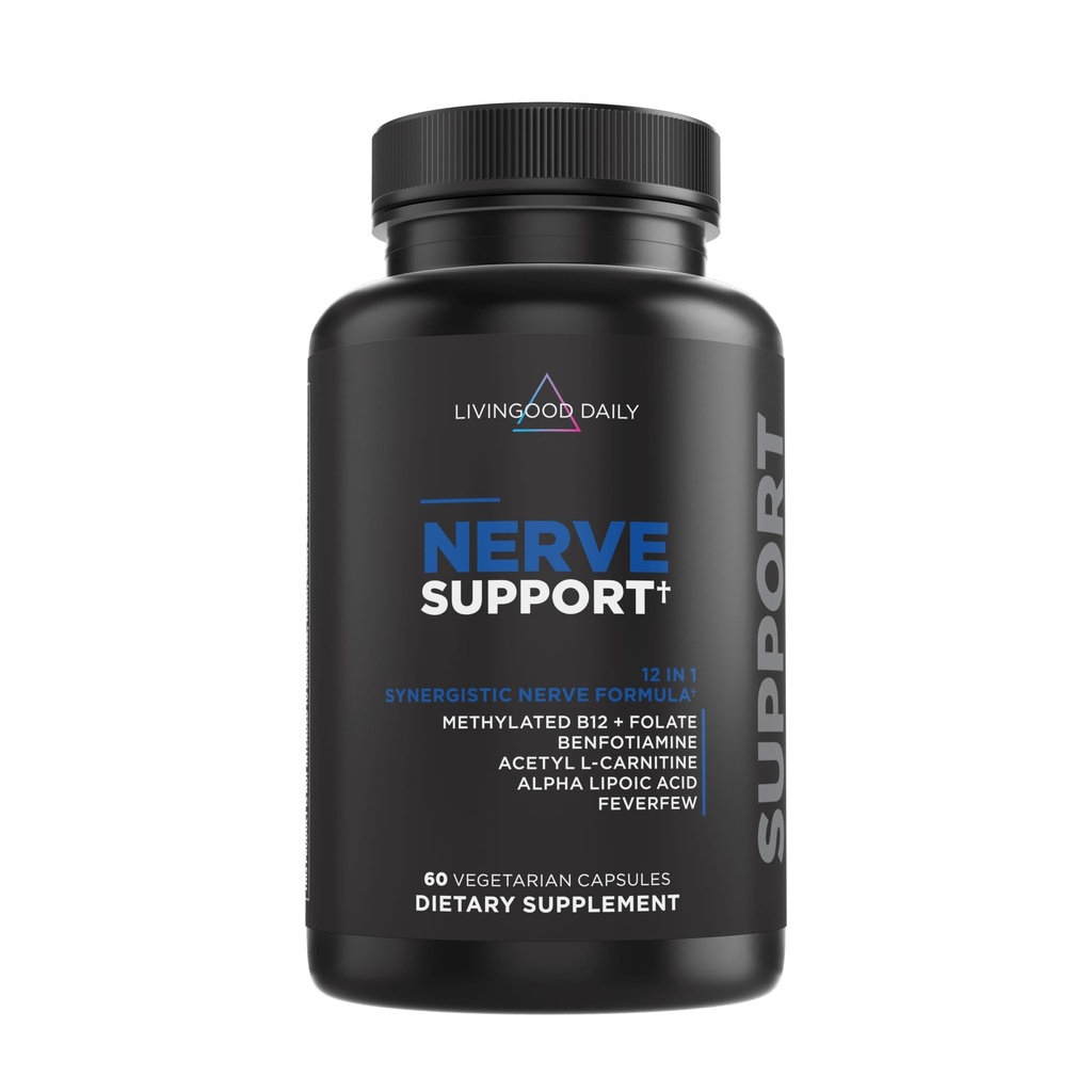 Livingood Daily Nerve Support Supplément pour les femmes et les hommes, 12-en-1 Nerve Health Formula with Méthylated B12, Folate, Benfotiamine, Alpha Lipoic Acid & Feverfew, sans gluten, sans OGM, 60 capsules