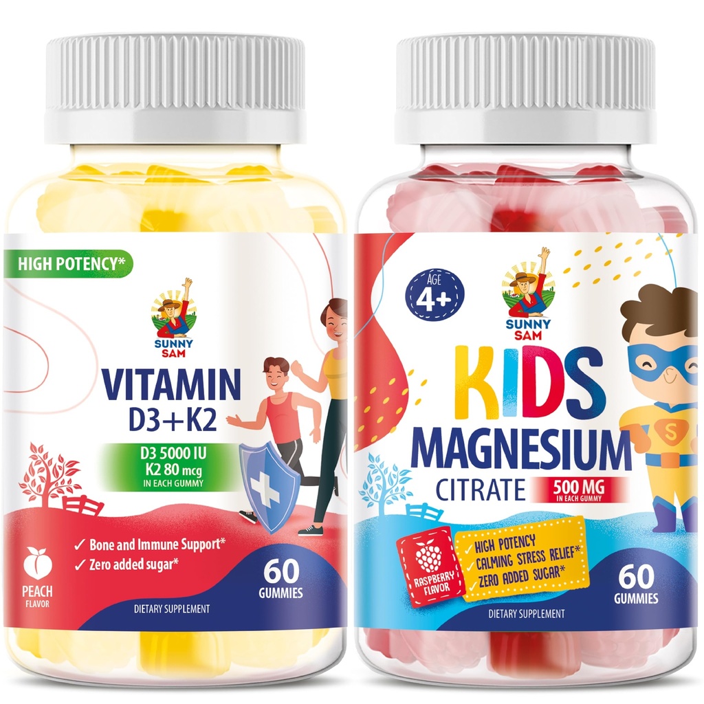 Magnesium Gummies for Kids & Vitamin D3 K2 Gummies 5000 IU - Immune & Bone Support - Sugar-Free Vitamin D Gummy Supplement - High-Absorption, Vegan, Gluten-Free Gummies for Adults