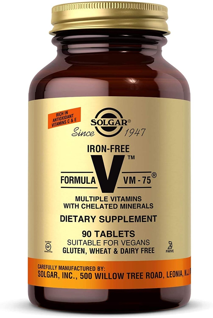 Solgar Iron-Free Formula VM-75, 90 Tabletten - Multivitamin mit Chelatmineralien - Vitamin A, B6, B12, C, D, E - Biotin, Magnesium, Calcium, Zink - Vegan, Gluten & Dairy Free, Kosher - 90 Servierungen