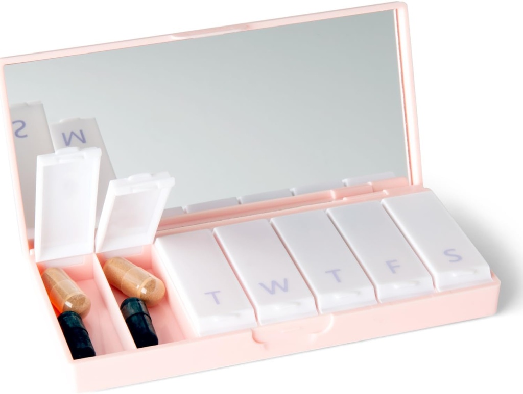 PORT X POLISH Designer Weekly Pill Box Organizer (Single 1X Daily, Blush Pink) | Compact, Elegante 7-Day Vitamin Supplement Case | Carino Portable Mini Travel Medicine Carrier | BPA-Free Pillbox Caddy