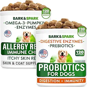 Allergy Relief Dog Treats + Dog Probiotics Chews Bundle - Omega 3 + Pumpkin + Enzimi per Itchy Skin Relief + Enzimi Digestivi + Prebiotici per Gas, Diarrea, costipazione, Rilievo di Stomach
