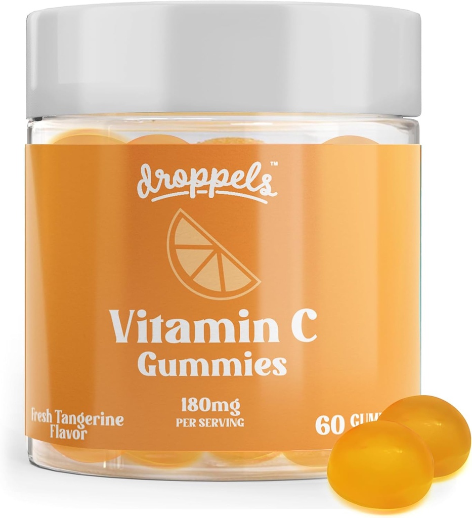 Droppels Vitamin C Gummies, 180mg – Vegan, Pektin Pflanzenbasierte Immununterstützung Booster Supplement – Tangerine Flavor, 60 Count (1-Monats-Versorgung)
