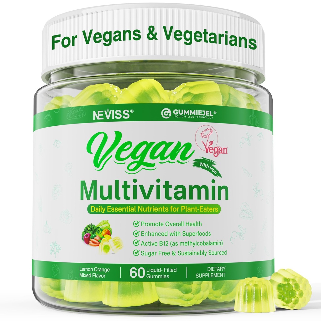 NEVISS Vegan Multivitamina per le donne e gli uomini w/metil B12, D3 K2, Plant Based Omega 3 (DHA+EPA), ferro, colina, zinco, tutto il cibo Vitamine giornaliere Gummies per vegani e vegetariani, senza zucchero, 60Cts