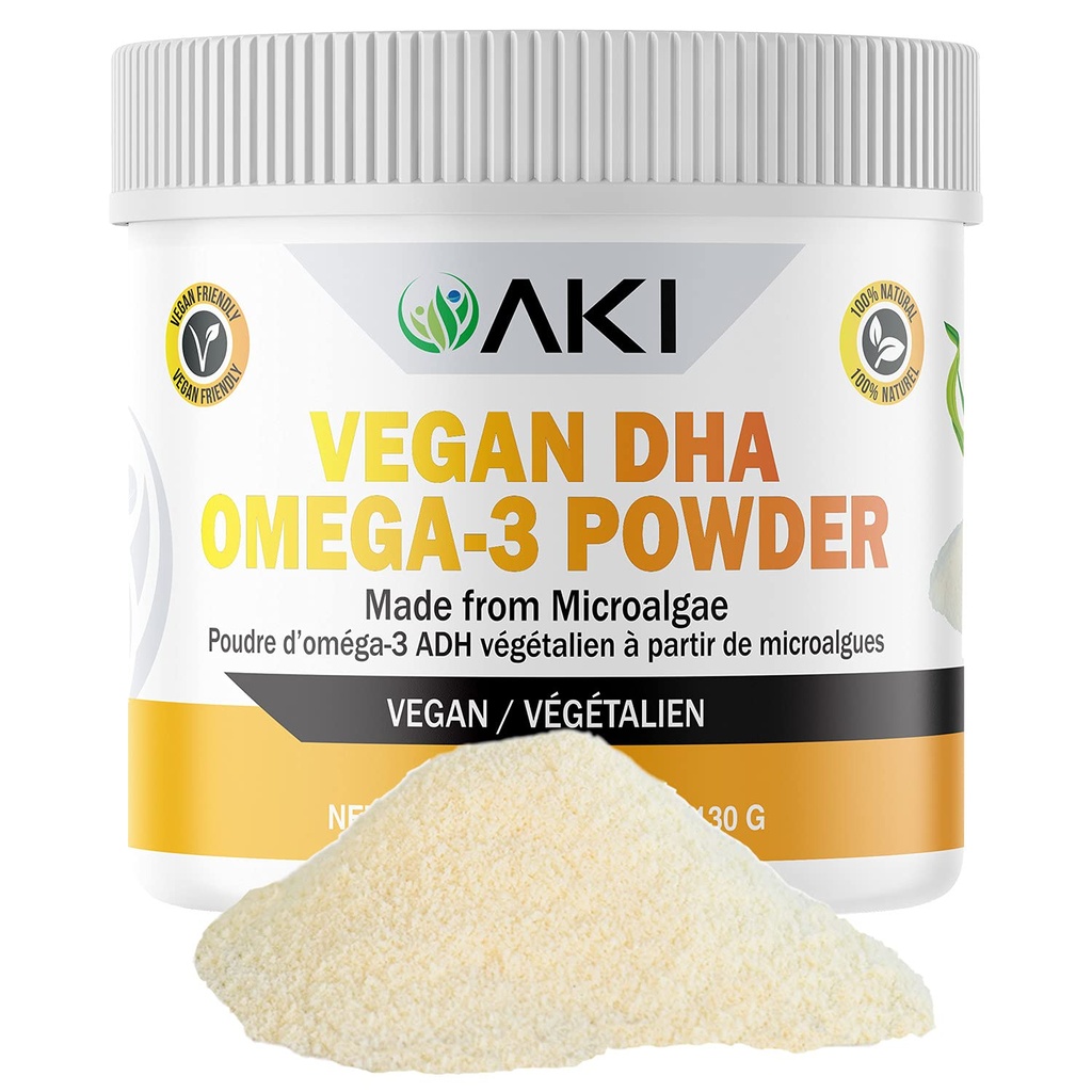 AKI Omega 3 DHA Micro Algae Powder Supplements - Pflanzenbasiertes Keto Vitamin - Alternative zu Fisch oder Krillöl - Vegan & Non-GMO (4.58oz/130g)
