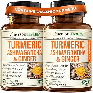 Ashwagandha Turmeric Curcumin Supplement mit Ginger - Organic Turmeric Supplement, Curcumin mit schwarzem Pfeffer (95% Curcuminoids), Ginger Root für Joint Health, Energy & Immune Support. 2 Packung