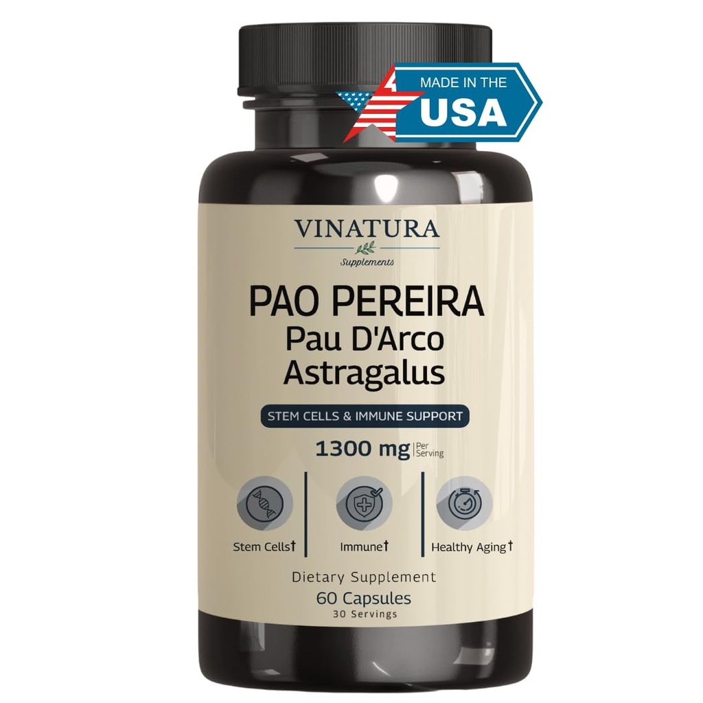 VINATURA Pao Pereira + PAU D'Arco, Astragalus - 1300MG Servieren, USA Made & Tested, Stammzellen und Immununterstützung, 60 Kapseln