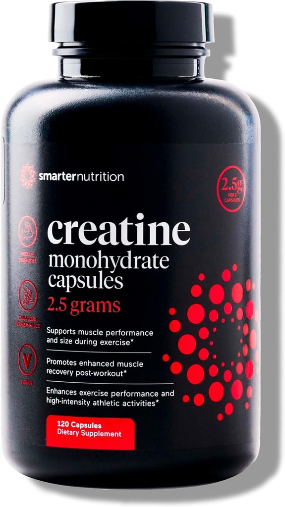 SMARTERNUTRITION Creatina Monoidrato Pillole con 2500mg (2.5g) Per Serve, Vegan Capsules - Pre & post Workout Recovery Support, Promuove la massa muscolare &. Endurance - 120 Count[60-Day Supply]