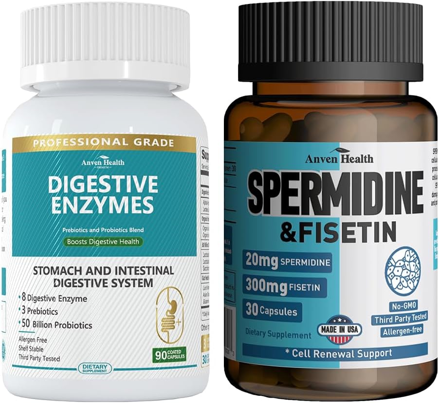 800mg Enzimi Digestivi per Uomini e Donne + Spermidina & Fisetin Supplemento - 20mg di 98% Spermidina 3HCL