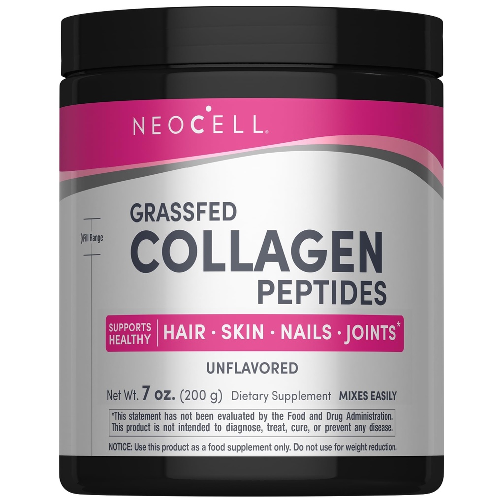 NeoCell Super Collagen Peptides, 10g Collagen Peptides par portion, sans gluten, kéto, non-OGM, gazon, cheveux sains, peau, ongles et articulations, poudre non aromatisée, 7 oz., 1 canister