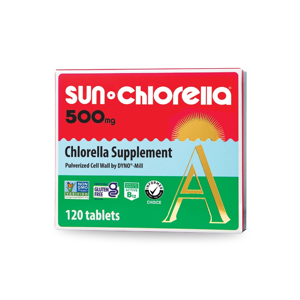 Sun Chlorella 500mg Intero Corpo Benessere Verde Algae Superfood Supplemento - Difesa Immune, Salute Gut, Purificazione Naturale, Energy Boost - Chlorophyll, B12, Iron, Protein - Non-GMO - 120 compresse