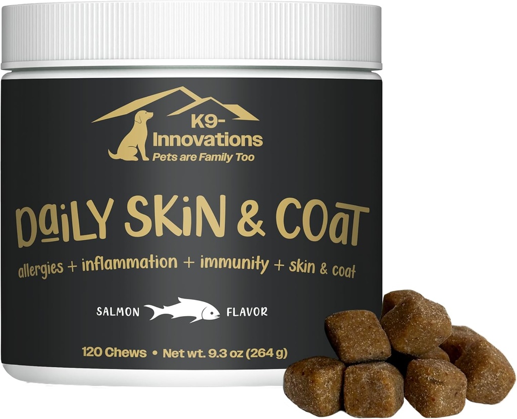 K9-Innovationen - Daily Skin & Coat Dog Chews Salmon Flavor - Reduce Itching & Paw Chewing, Omega 3 & VIT C für Hautgesundheit - 1-4 Monat Versorgung (120qty)