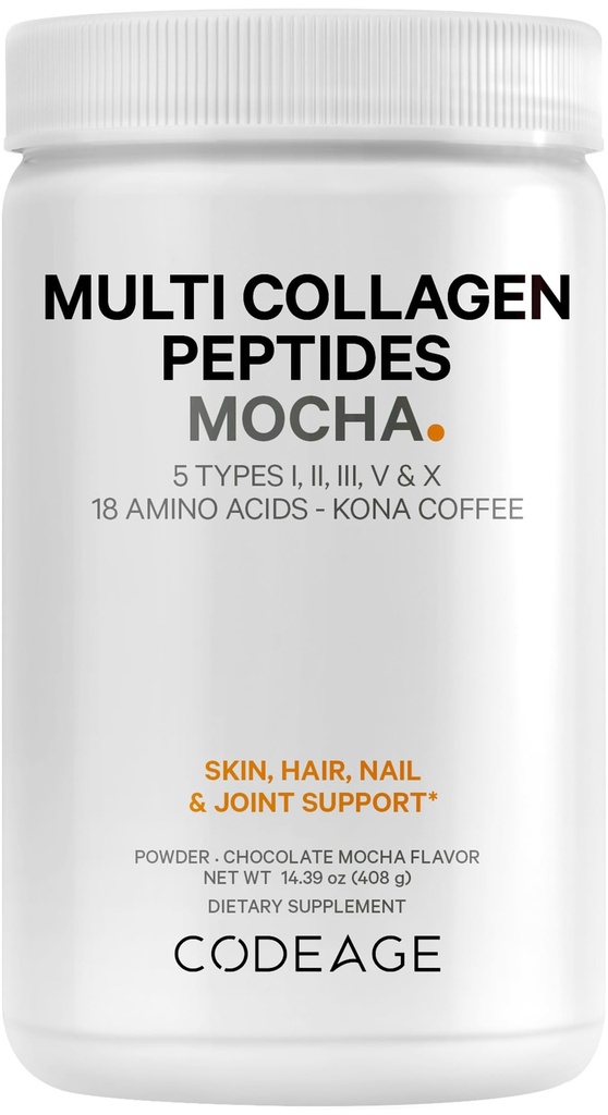 Codeage Multi Collagène Peptides Poudre de protéines - Chocolat Mocha Café instantané - Gourmet Knoa Coffee Drink & Shake - Collagène Type I, II, III, V & X - Herbacé, Hydrolysé, Non-OGM - 14.39oz