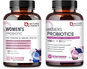 NATURE TARGET Probiotiques et prébiotiques pour les femmes, canneberges et mannose D, 50-Billions d'UCF, probiotiques organiques pour la santé digestive/santé digestive/stimulateur immunitaire/gestion du poids