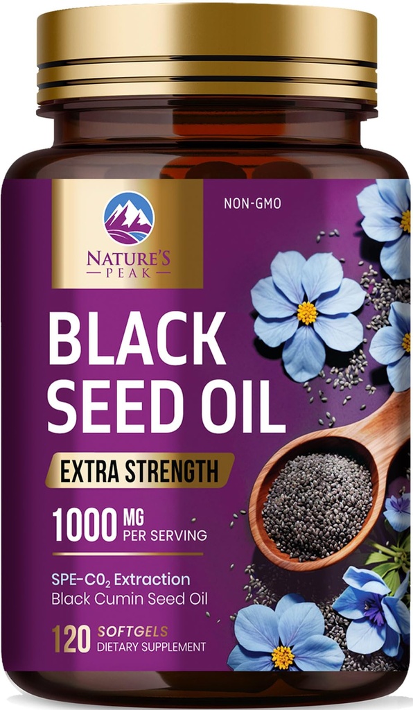 Olio di semi neri 1000mg - Olio di semi di Nigella Sativa di alta resistenza - Pelle di olio di semi neri, Salute digestiva e supporto immunitario - Antiossidante non OGM, Integratore senza glutine - 120 Softgels