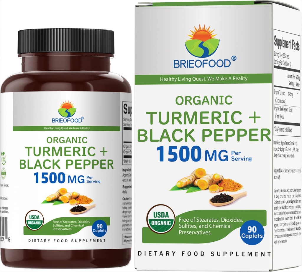Brieofood Organic Turmeric mit schwarzem Pfeffer 1500mg, 45 Servierungen, Vegetarisch, Glutenfrei, 90 vegetarische Tabletten
