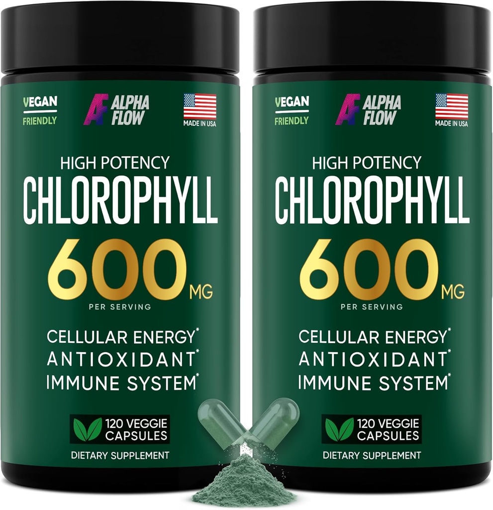 Flusso alfa [2 Pack] Capsule di clorofilla 600mg - Supplemento di clorofilla per l'energia e la pelle - Deodorante interno per le donne e gli uomini - alternativa alle gocce liquide - 240 pillole vegane