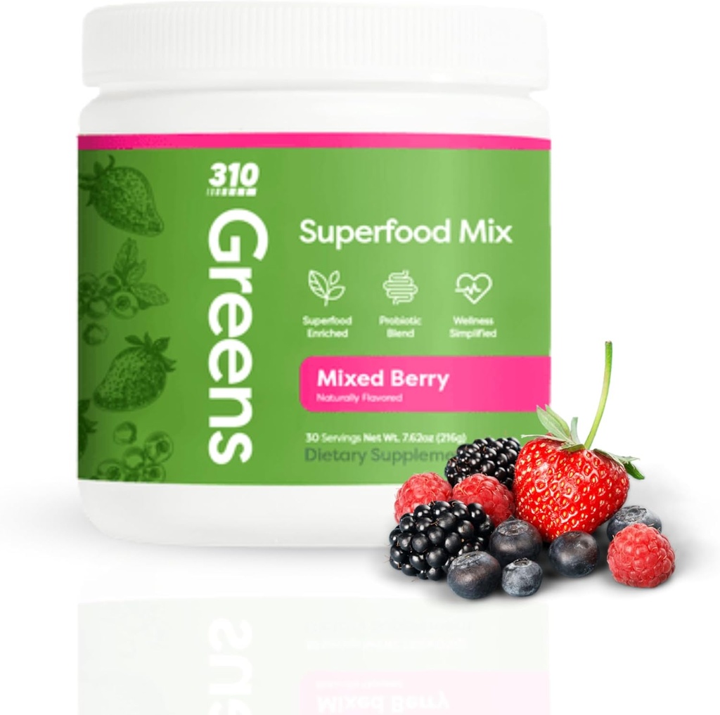 310 Ernährung Bio Superfood Greens Powder – Super Green Powder Supplement mit Daily Greens Spirulina, Gemüse Enzyme & Antioxidantien – Immunität Boost – Mischbeere, 30 Servierungen