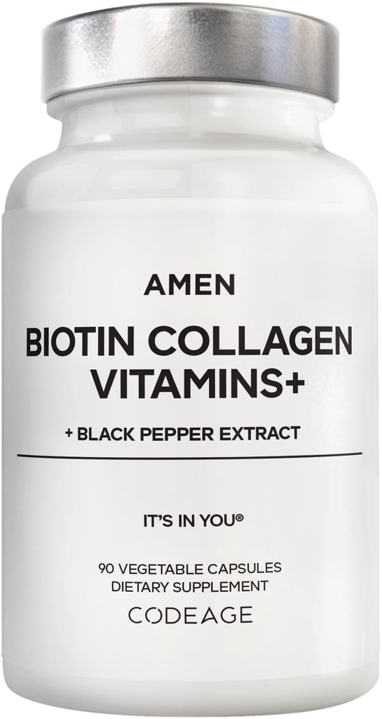 Vitamine + 10.000 mcg Integratore Biotina - Collage idrolizzato, Vitamine C & E, Folate, Acido Ialuronico, Keratina, MSM, Palmetto Segato - Alimentazione 3-Month - Non OGM - 90 capsule