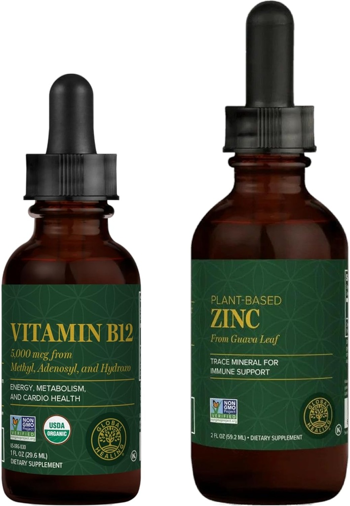 Global Healing Center - Kit de supplément liquide de vitamine B12 et de zinc organique - Énergie à long terme, système immunitaire boost, équilibre hormonal