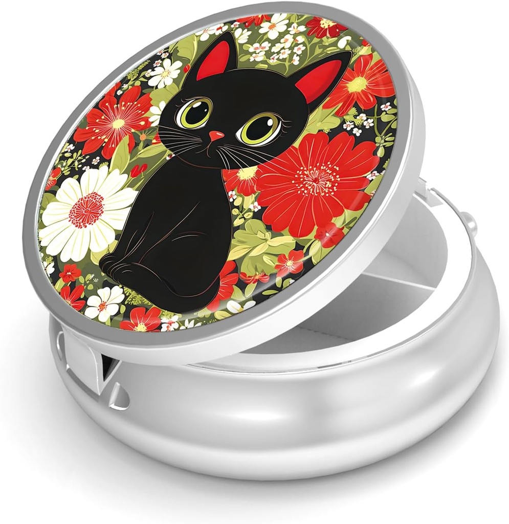 Pillola Box-3 Compartment Piccolo caso di pillole per il contenitore di viaggio del portacandele del metallo del vaso &amp; della tasca per il supporto della pedana del metallo per contenere i supplementi Vitamine BPA-Free (Cute Cat)