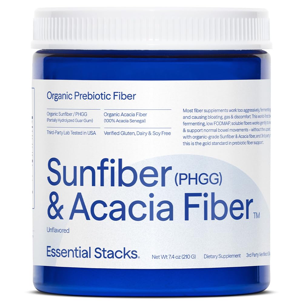 Essential Stacks Organic Sunfiber Prebiotic Fiber (Partially Hydrolyzed Guar Gum/PHGG) with Acacia Fiber Powder - Gluten Free, Non-GMO & Unflavored (7.4 oz)