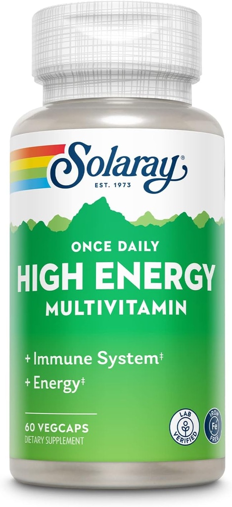 SOLARAY Einmal täglich High Energy Multivitamin, Iron Free, Immunsystem und Energie Unterstützung, Ganze Nahrung und Kräuterbasis Zutaten, Männer und Frauen Multi Vitamin, 60 Servierungen, 60 VegCaps