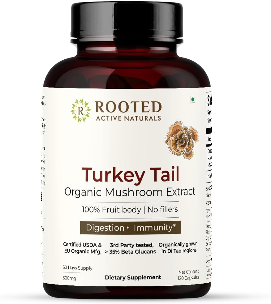 ROOTED Active's Turkey Tail Mushroom Extract Capsules | Heart Health, Stress Relief, Liver. USDA Organic, 35% Beta Glucans, Certified Organic (120 Kapseln)