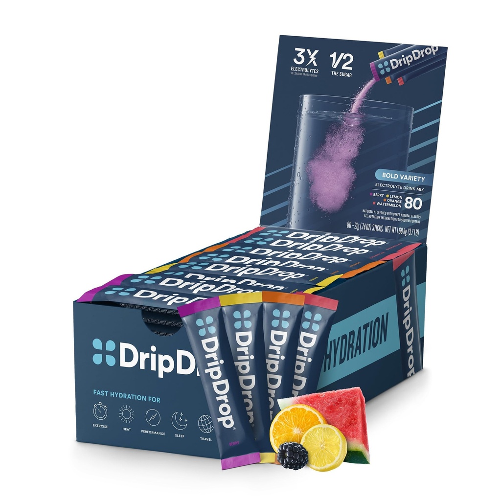 DripDrop Hydration Packets - Bold Variety Pack - Single Serve Electrolytes Powder Drink Mix - Wassermelone, Berry, Zitronen, Orange - Non-GMO, Glutenfrei, Vegan - 80 Sticks