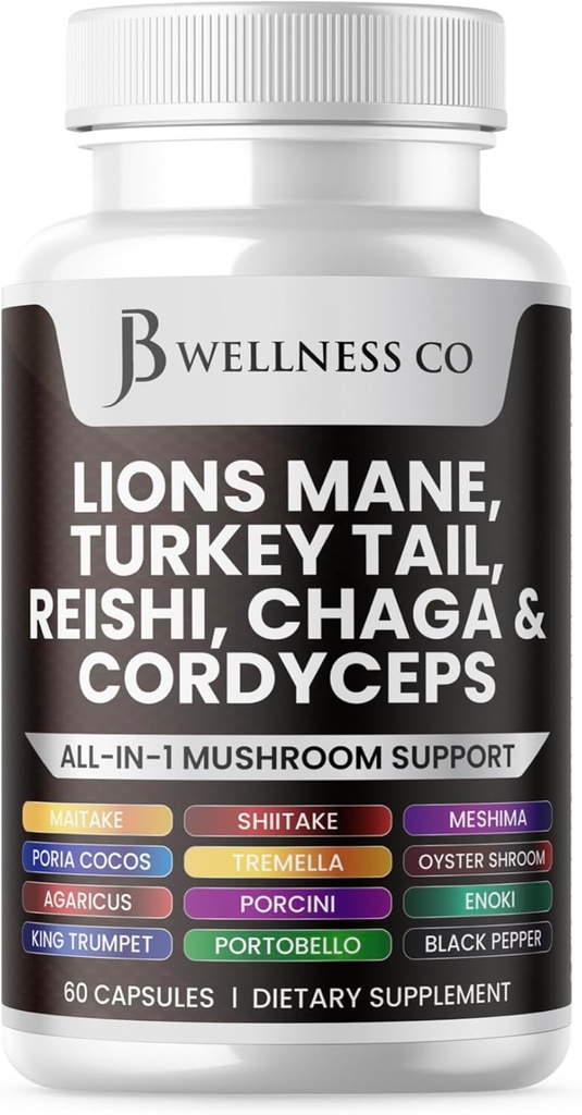 Lions Mane Supplément soutien cognitif, santé immunitaire avec la dinde Tail 20in1 Champignon Reishi Cordyceps Chaga avec Marshmallow Root 60 Comte