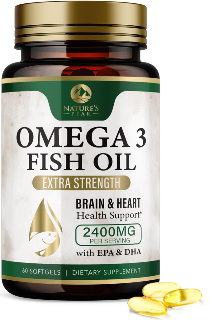 Omega 3 Fischöl Pillen 2400mg - Dreifache Stärke Omega 3 Fischöl-Ergänzungen - Beste EPA & DHA-Fettsäuren für Gehirn & Herz-Gesundheitsunterstützung, Nature's Omega3 Supplement, 30 Tage Versorgung - 60 Softgels