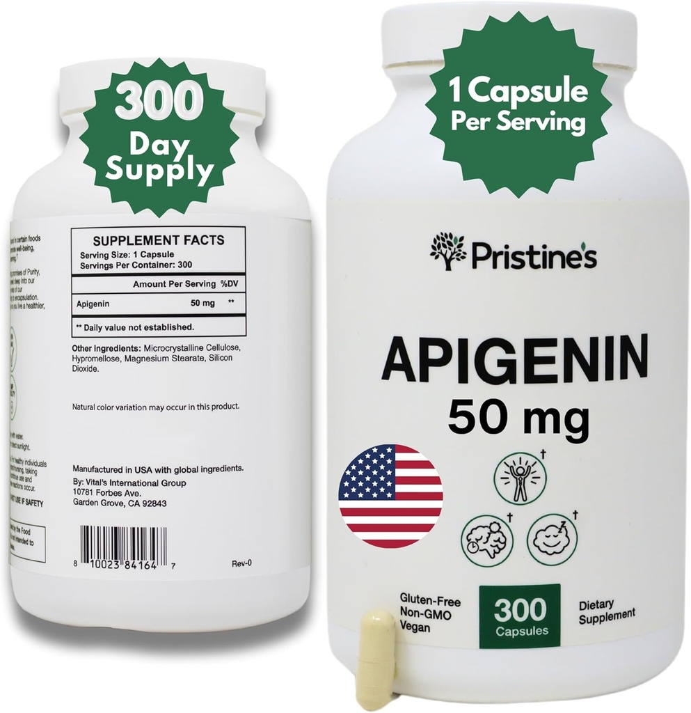 PRISTINE'S Apigenin 50mg 300 Day Supply Supplement für Schlafkapseln - Prostata Support Supplement gefunden in Kamille Pulver für Entspannung, Gesundes Altern, Gehirn & Herz Gesundheit, & Immunität