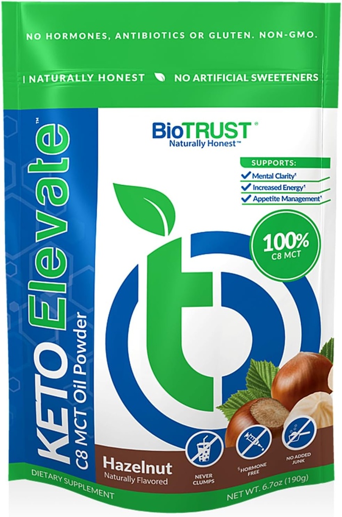BioTrust Keto Elevate – C8 MCT Ölpulver – Ketogenic MCT Kaffee Creamer, Keto Coffee Creamer – Clean Energy, Mental Focus & Clarity – 100% Caprylic Acid MCT Powder, Non-GMO (Hazelnut, 20 Portionen)