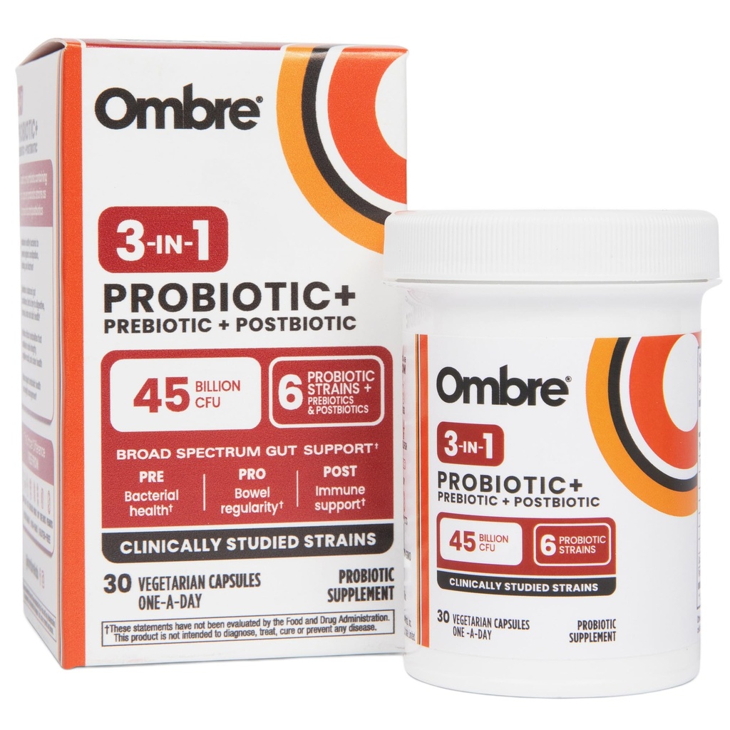 Ombre 3-in-1 Probiotic, Prebiotic and Postbiotic for Digestive Health & Gut Health - 45 Billion CFU - Bloating, Constipation & Gas Relief - Metabolic & Immun Support für Frauen & Männer, 30 Tage Versorgung