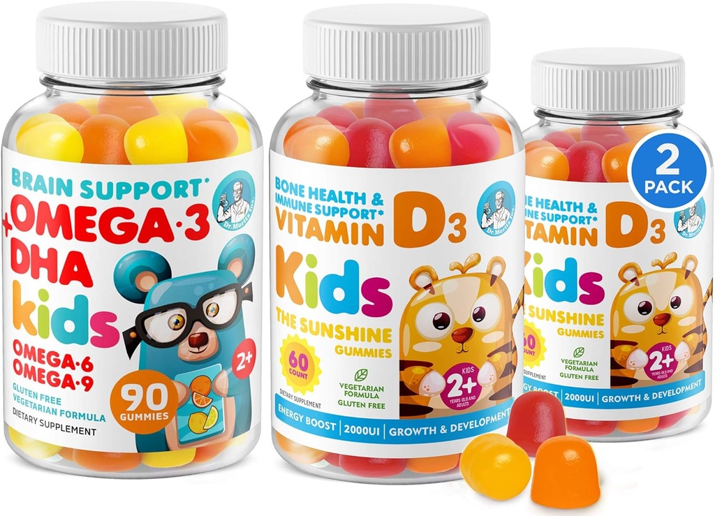 Omega 3 DHA Gummies and Vitamin D Gummies for Kids & Adults - No Fish Oil and Gluten Free Immune Health Plant Based Fiber Chewable