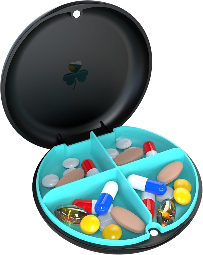 4 Compartment Small Pill Box, Moisture Proof Pill Case, Travel Pill Organizer für Pocket Purse, Täglich tragbare Medizin Vitamin Box, Fish Oil Box, Supplement Box (Black+Cyan)