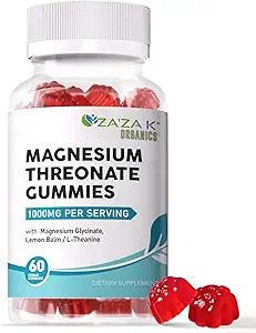 ZA'ZA K ORGANICS Magnesium Threonat Gummis, 500mg Magnesium Threonat mit Glycinat, L-Theanin, Zitronenbalsam, Magnesium Supplement für Kinder Erwachsene, Gehirngesundheit, 60 Count