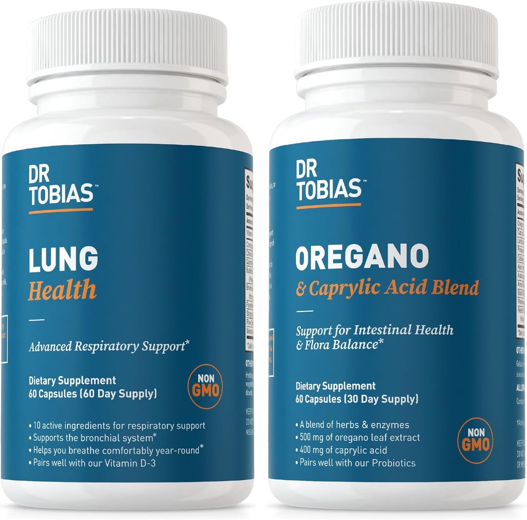 Dr. Tobias Lung Health and Oregano & Caprylic Acid Blend, Supporta la pulizia polmonare & Detox, Salute intestinale, Supporto immunitario con Prebiotici & Erbe per le donne & uomini