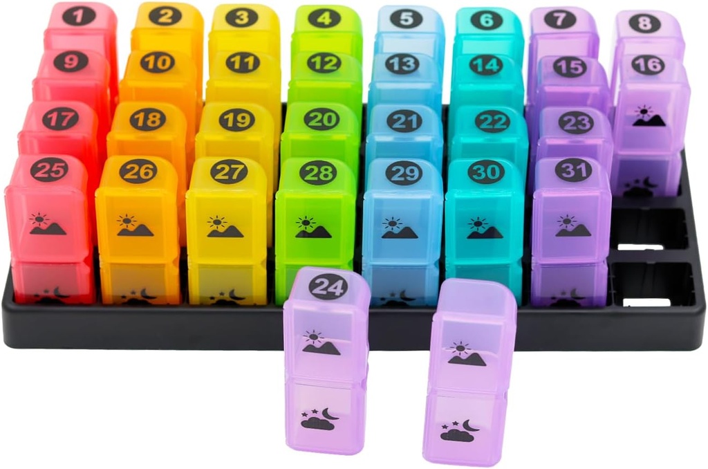 Organizzatore di pillole mensile 2 volte al giorno, un mese scatola di pillole AM PM, 31 giorni caso di pillole due volte al giorno per tenere la vitamina e l'organizzatore di medicina di viaggio, 30 Day Pill Organizer, 4 settimane casi di pillole