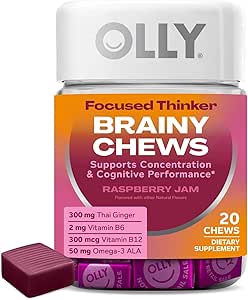 OLLY Focused Thinker Brainy Chews, Omega-3 ALA, Vitamine B6 & B12, Plus Thai Ginger Extract für Alertness, Konzentration und kognitive Leistungsunterstützung, Vegetarisch, Raspberry, 20 Count