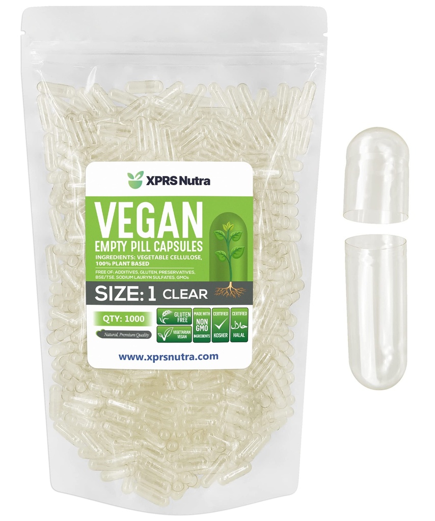 XPRS Nutra Größe 1 Leere Kapseln - 1000 Graf Klare leere vegane Kapseln - Vegetarische Pillen - DIY Gemüse Kapsel Füllung- Veggie Pillen Kapseln für Do-It-Yourself Ergänzungen