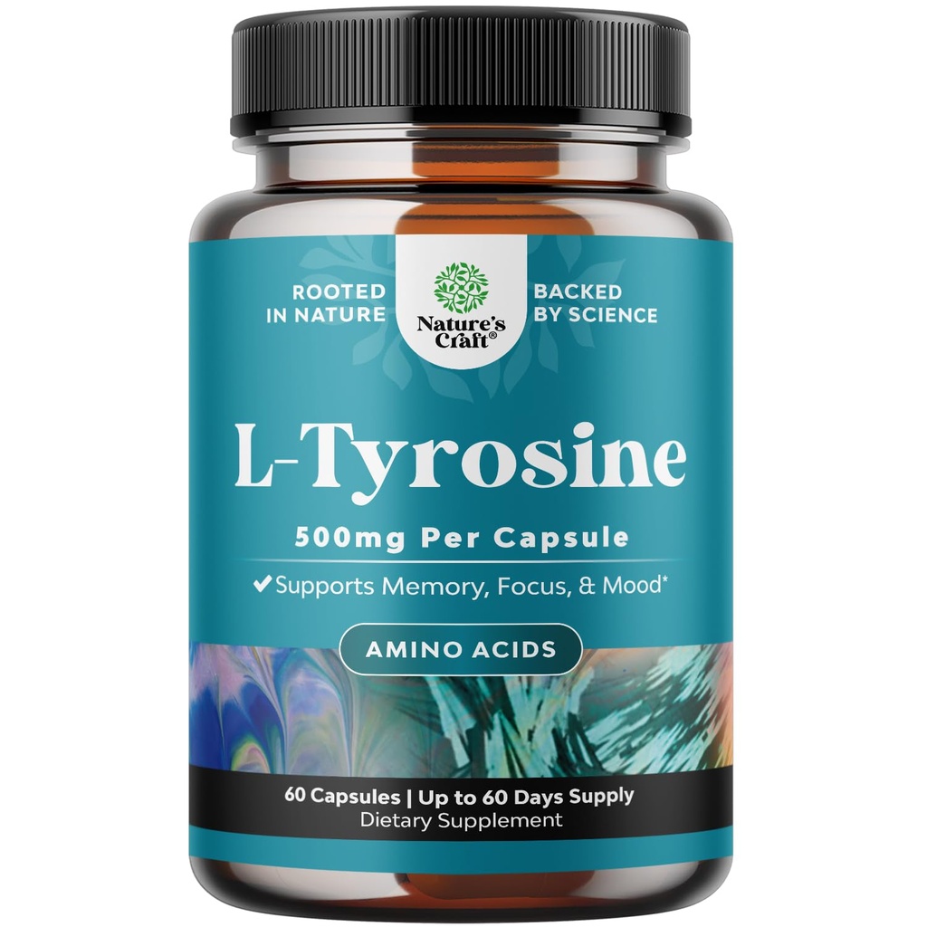 Free Form L Tyrosine 500mg Capsule - Supplemento L-Tirosina ad alta resistenza per l'energia mentale e il supporto alla messa a fuoco - Supplemento Nootropic Aminoacido per l'attenzione al fuoco del mood e la cognizione (conte 60)