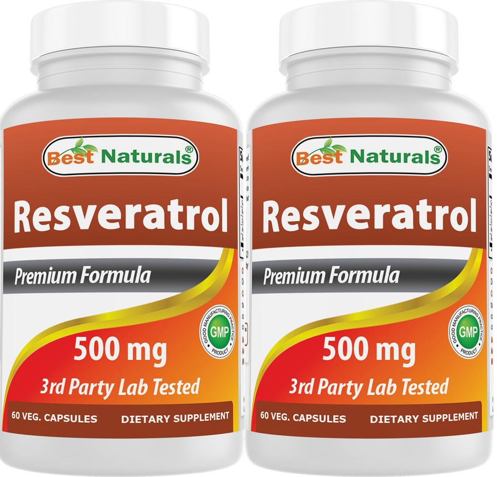 Best Naturals 2 Packs Resveratrol Complex 500 mg 60 Veg Capsules Made with Grape Skin, Red Wine, Quercetin - Gluten Free & Non GMO - (Gesamt 120 Kapseln)