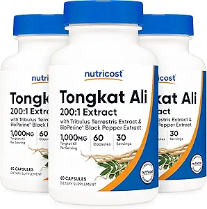 Nutricost Tongkat Ali 1.000mg, 60 Caps (3 Bottiglie) - 30 Serve, Tappi di verdure, Non OGM, Senza glutine, Estratto potente