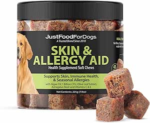 JustFoodForDogs Skin & Allergy Care Soft Chews Supplemento per cani, allergie stagionali, Itchy Skin Relief, Inflammation, Supporto immunitario - 45 Conte