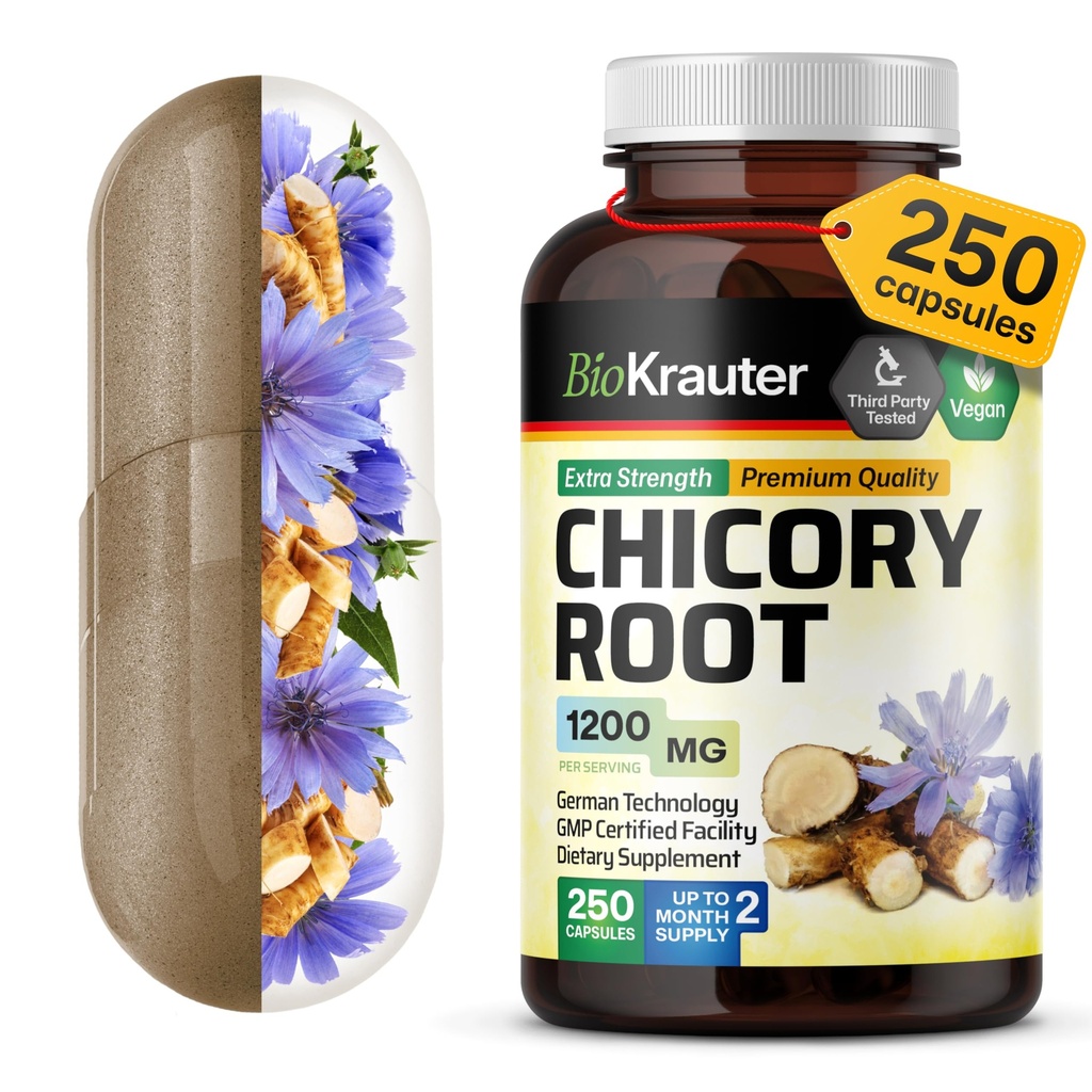 BIO KRAUTER Chicory Fiber Supplemento - 1200 mg di resistenza - 250 contatore - polvere di radice di chicory - capsule di inulina per il supporto digestivo - Vegan