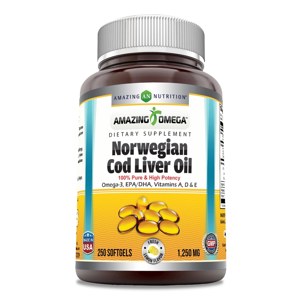 Erstaunlich Omega Norwegian Cod Liver Oil 1250 Mg Softgels Ergänzung | Omega-3, EPA, DHA, Vitamin A, Vitamin D & Vitamin E (Lemon | 250 Count)
