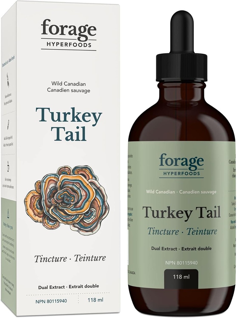 Forage Hyperfoods- Original Canadian Wild Turkey Tail Mushroom Superfood Liquid Supplement Tincture, Vegan, Non OGM, Immune System e Gut Health Support, 118ML