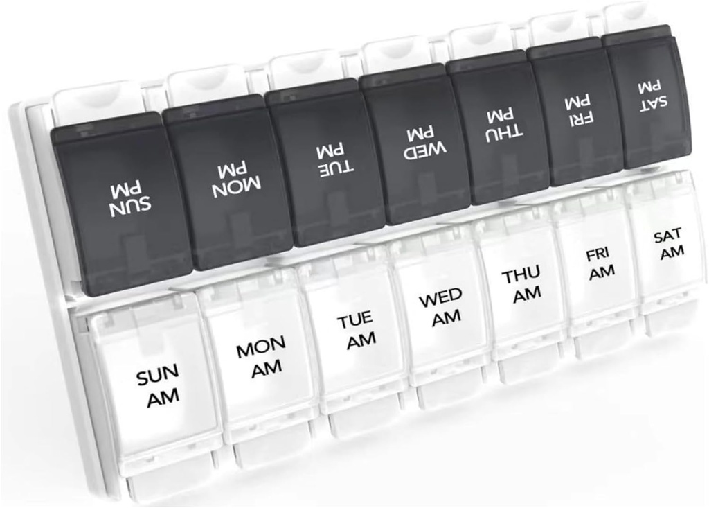 Sukuos AM PM Weekly 7 Day Pill Organizer, 2 Times A Day Pill Box with Arthritis Friendly Push Button, Medicine Cases for Vitamin/Fish Oil/Supplements, Easy to Clean (Black&White)